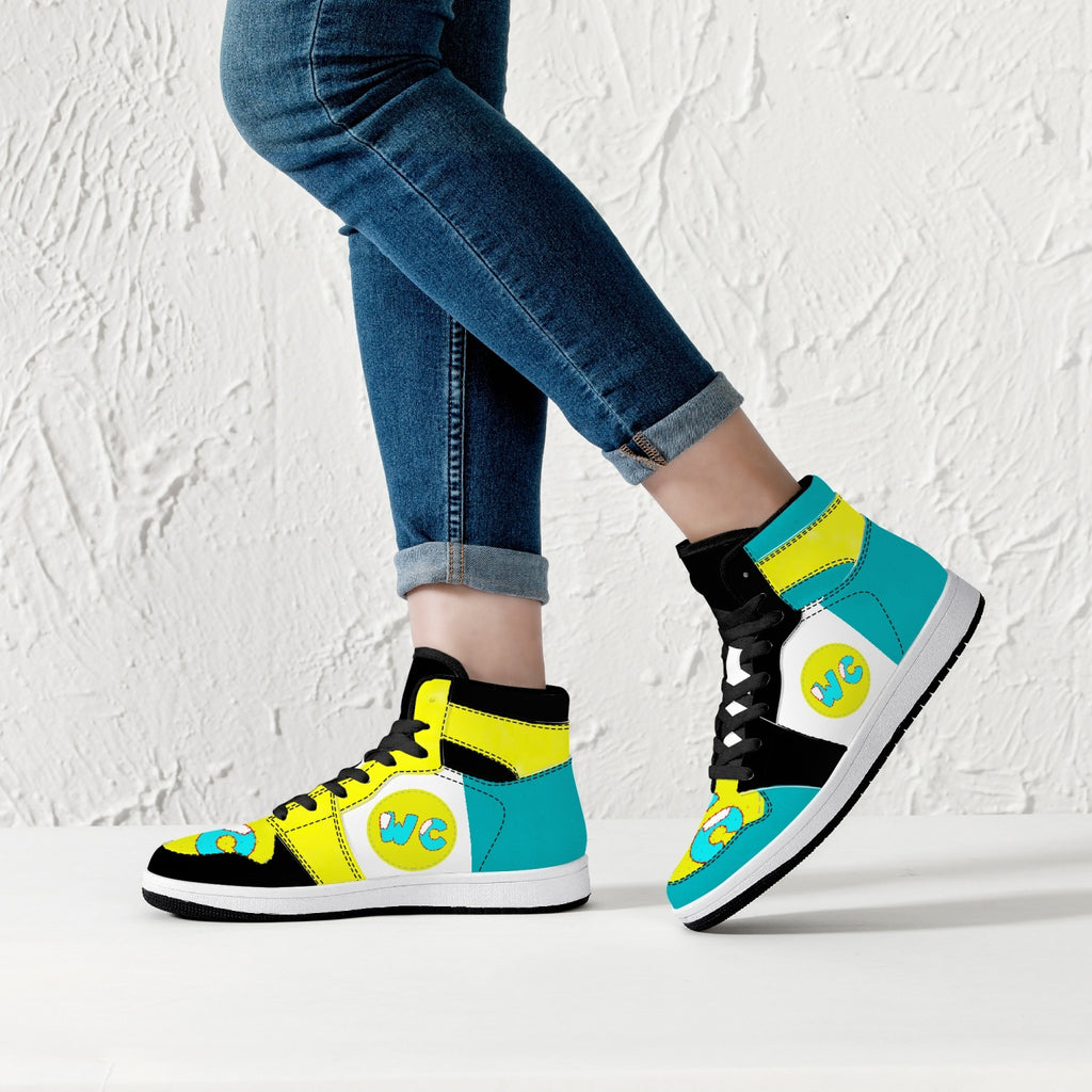 High-Top Leather Sneakers - Teal / Yellow