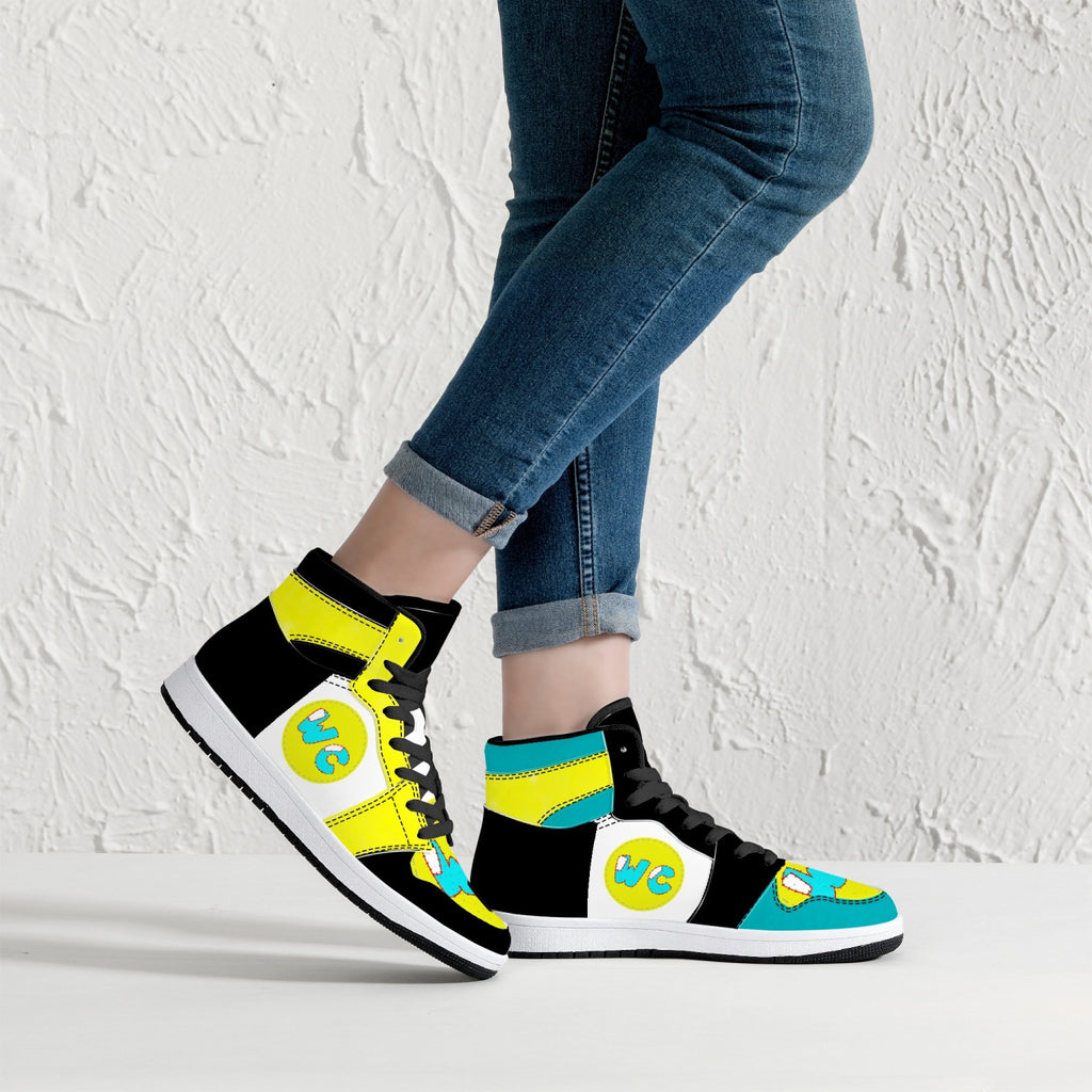 High-Top Leather Sneakers - Teal / Yellow