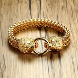 Antique Double Lion Head Herringbone Chain Bracelet for Men Stainless Steel Gold Tone Hip Hop Punk Men Jewelry 22.5cm